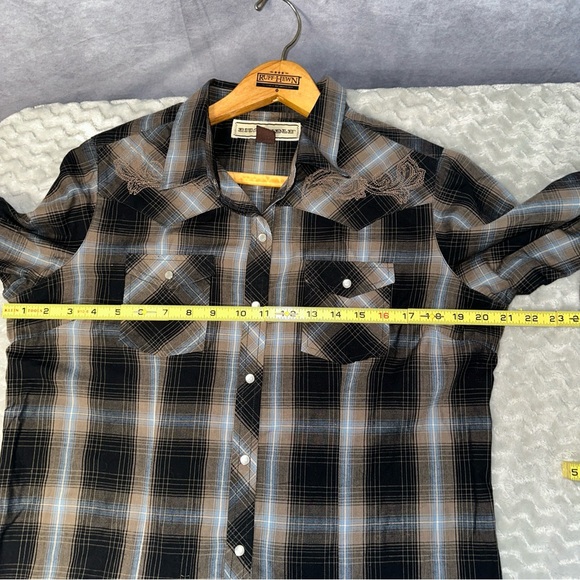 Bit and Bridle Women’s Shirt L Large Pearl Snap Flannel Long Western Plaid Black - Picture 6 of 8